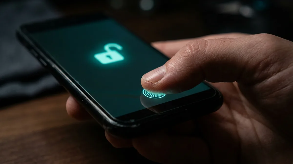 Dedo apoyado en el sensor de huella de un celular cuya pantalla muestra un candado desbloqueándose en una habitación oscura