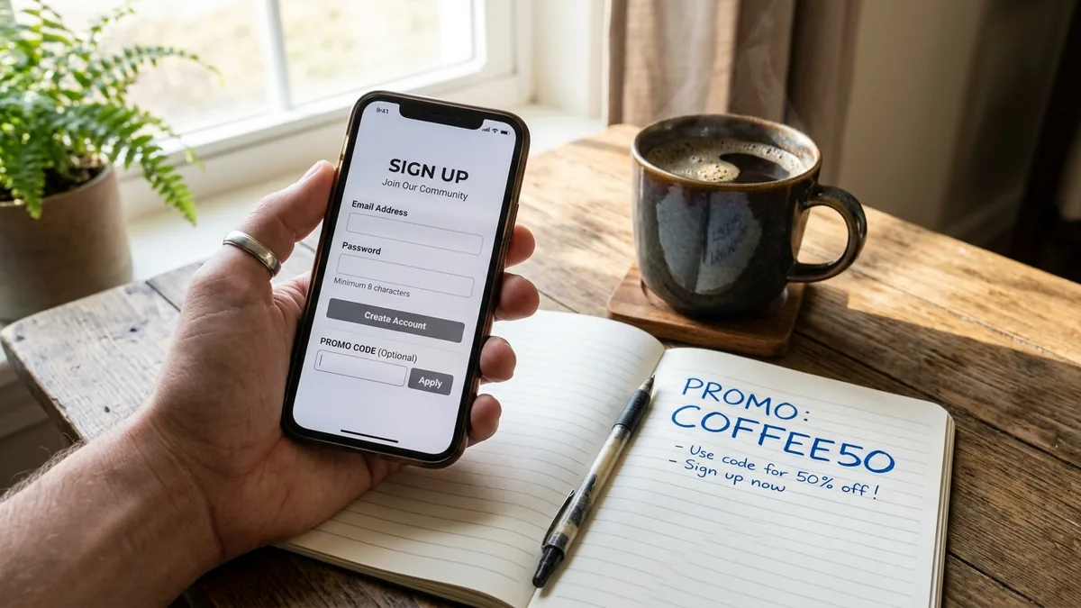 Mano sosteniendo un celular con un formulario de registro y un campo de código promocional vacío, junto a una libreta con un código anotado y una taza de café