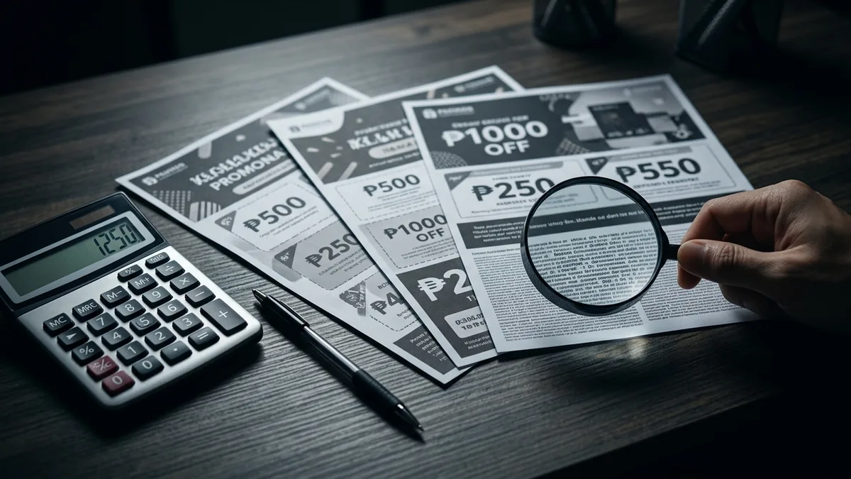 Tres folletos promocionales impresos con distintas cantidades en pesos sobre un escritorio, revisados con lupa y calculadora