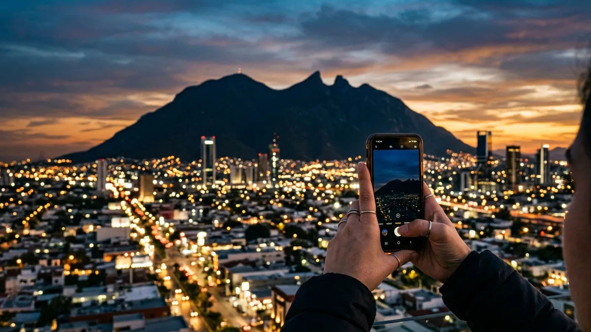 Panorámica nocturna de Monterrey con el Cerro de la Silla al fondo y un celular encendido sostenido en primer plano