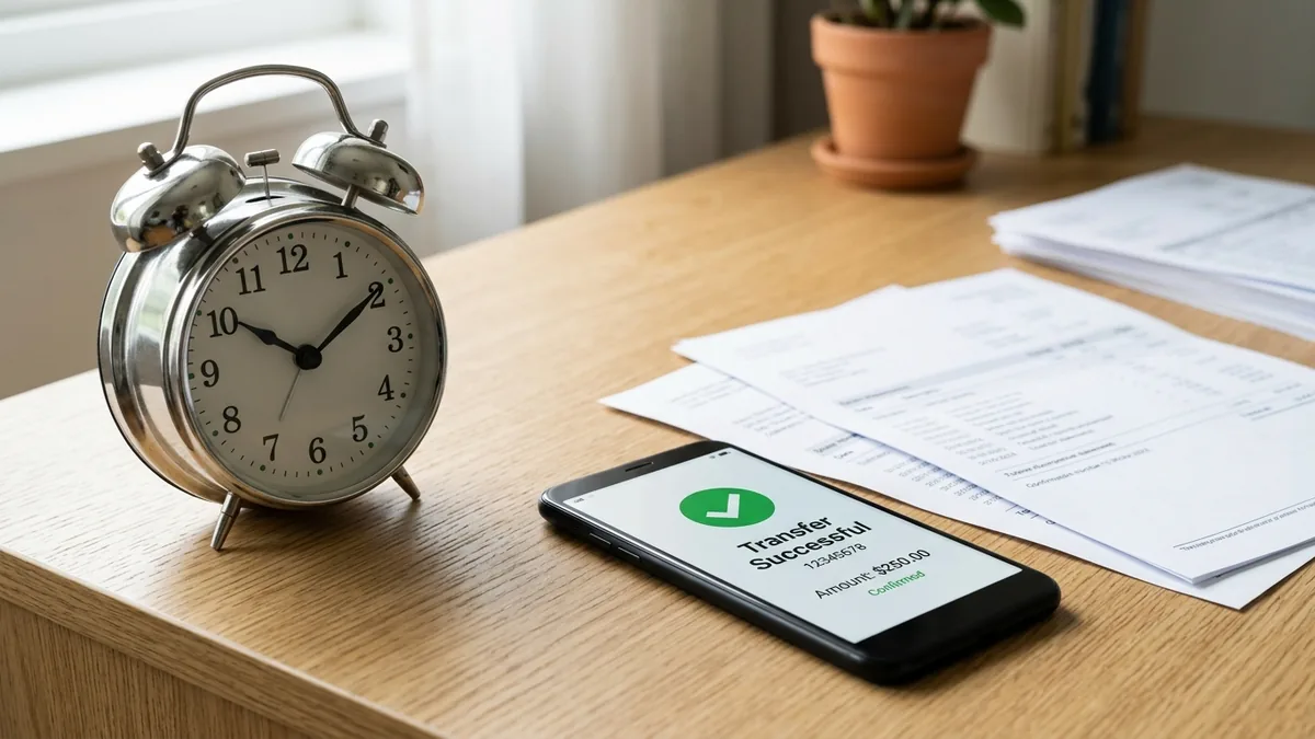 Reloj despertador junto a un celular que muestra la confirmación de una transferencia bancaria con una palomita verde