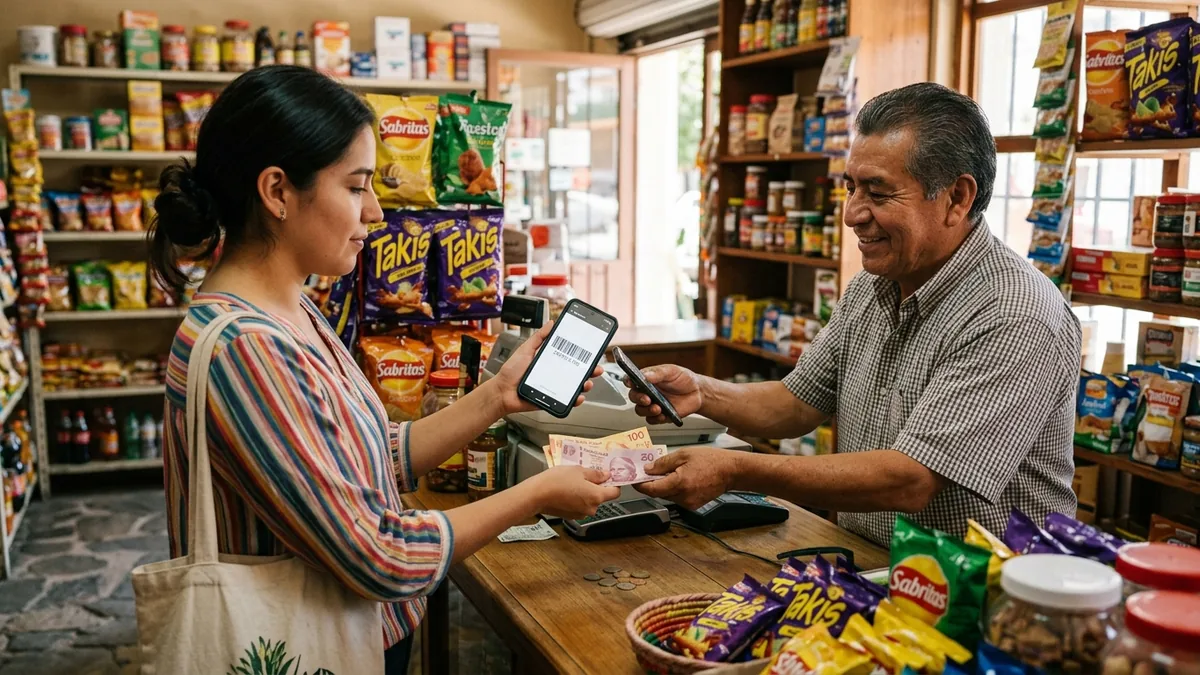 Persona pagando en el mostrador de una tiendita mexicana con un código de barras en la pantalla de su celular y efectivo en la mano
