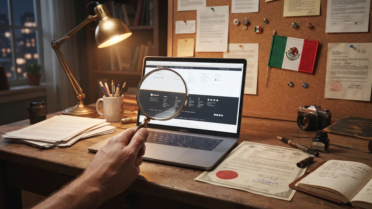 Escritorio de revisión con una laptop que muestra el pie de página de un sitio web bajo una lupa y un documento oficial con sello junto a una bandera de México