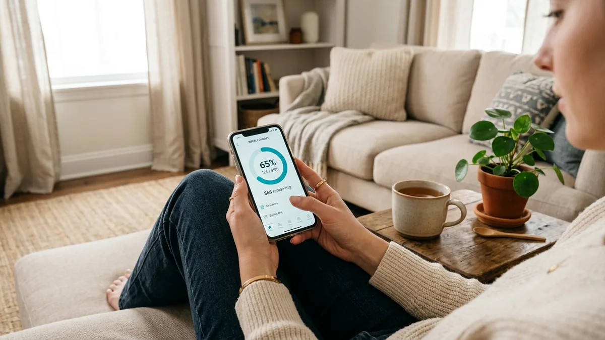 Manos sosteniendo un celular con una app de límites de presupuesto y un anillo de progreso, en una sala tranquila con una taza de té