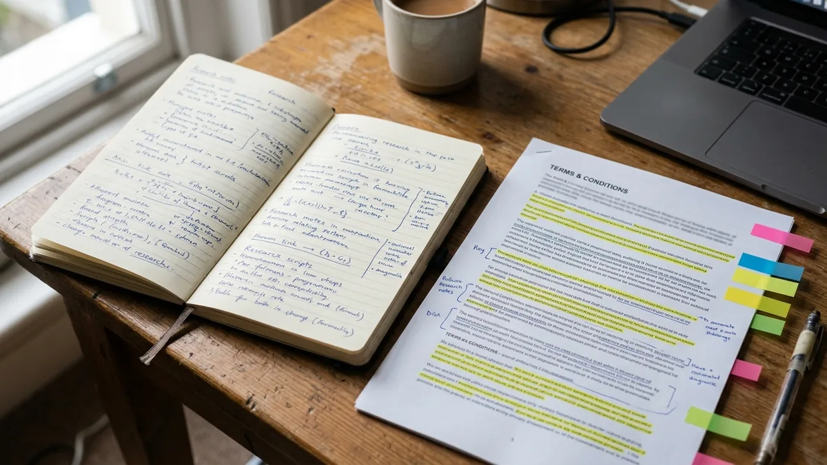 Libreta abierta con notas a mano junto a un documento impreso de términos con renglones subrayados y el borde de una laptop